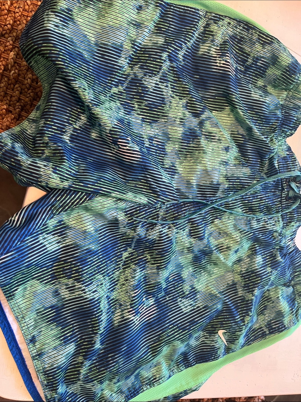 Nike Men Blue and Green Patterned Swim Trunks